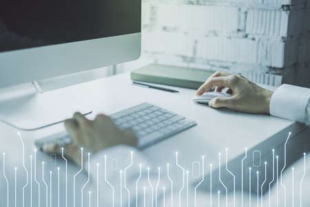 Creative concept of microscheme illustration and hands typing on laptop on background. Big data and database concept. Multiexposureの写真素材