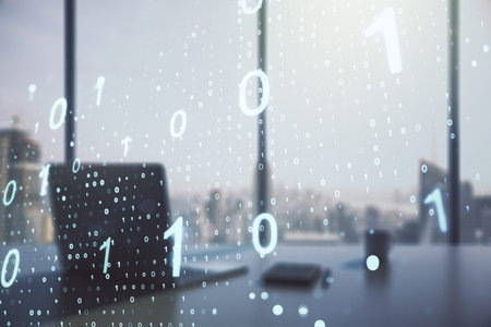 Double exposure of creative abstract binary code hologram and modern desktop with laptop on...