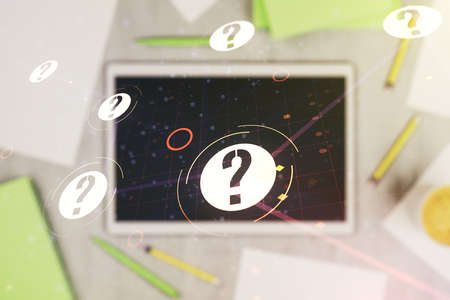Double exposure of question mark hologram and digital tablet on background, top view. Sociology and psychology conceptの写真素材