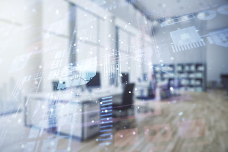 Double exposure of abstract programming language interface on modern corporate office background, research and development conceptの写真素材