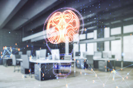 Abstract virtual idea concept with light bulb and human brain illustration on a modern furnished office background. Neural networks and machine learning concept. Multiexposureの写真素材