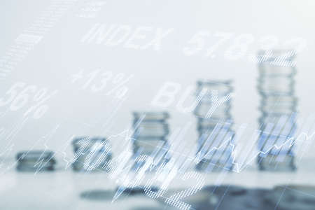 Double exposure of abstract creative financial chart hologram on growing stacks of coins background, research and strategy conceptの写真素材