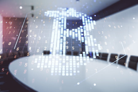 Double exposure of creative Bitcoin symbol hologram on a modern meeting room background....