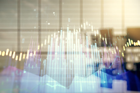 Multi exposure of abstract virtual financial graph hologram on a modern conference room background,...