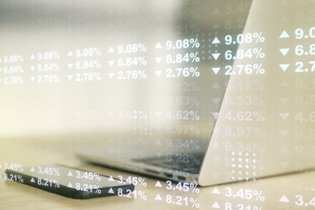 Double exposure of abstract creative statistics data hologram on laptop background, statistics and analytics conceptの写真素材