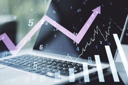 Abstract creative financial graph with upward arrow on modern laptop background, forex and...