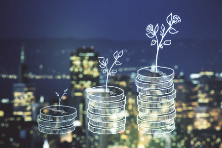 Virtual cash savings illustration on blurry skyline background. Retirement savings and capital...
