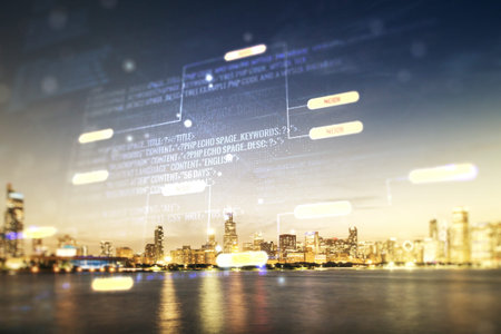 Multi exposure of abstract graphic coding sketch on Chicago cityscape background, big data and...
