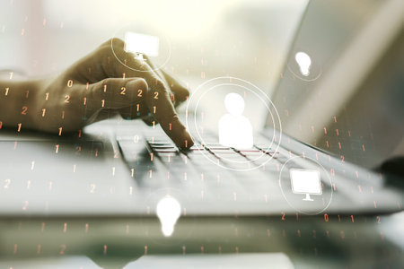 Double exposure of social network icons concept with hands typing on laptop on background. Marketing...