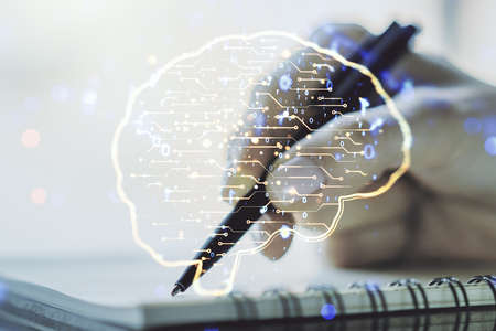 Double exposure of creative human brain microcircuit with woman hand writing in notepad on background. Future technology and AI conceptの写真素材