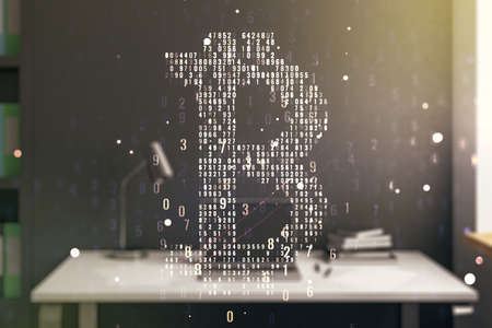 Creative Bitcoin concept and modern desktop with pc on background. Double exposureの写真素材