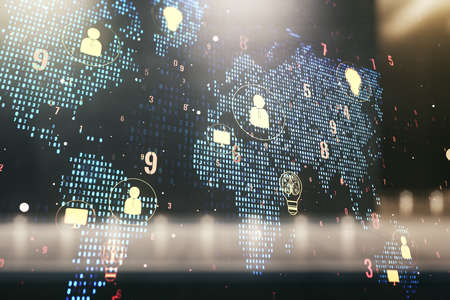 Double exposure of social network icons interface and world map on contemporary business center exterior background. Networking conceptの写真素材