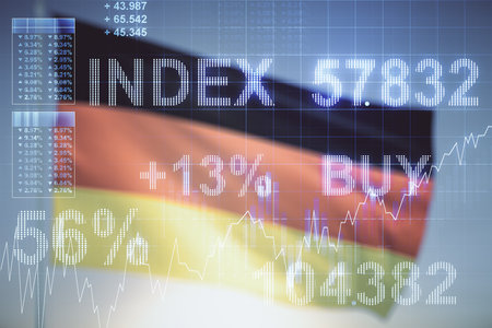 Abstract virtual financial graph hologram on flag of Germany and sunset sky background, forex and investment concept. Multiexposureの写真素材