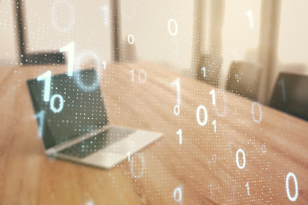 Creative abstract binary code sketch on modern laptop background, hacking and matrix concept. Multiexposureの写真素材