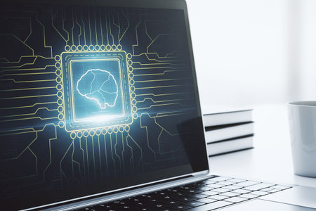 Creative artificial Intelligence concept with human brain sketch on modern laptop monitor. 3D...