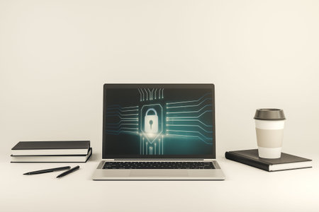 Creative idea concept with lock symbol and microcircuit illustration on modern laptop screen....