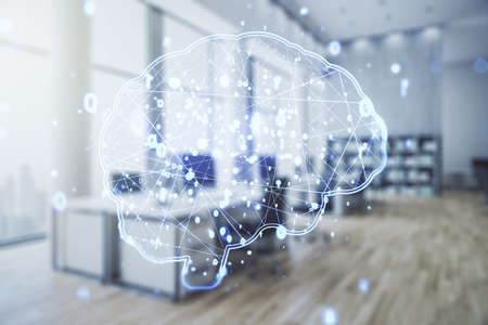 Virtual creative artificial Intelligence hologram with human brain sketch on a modern furnished classroom background. Double exposureの写真素材