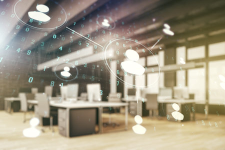 Double exposure of abstract virtual social network icons on modern corporate office background....