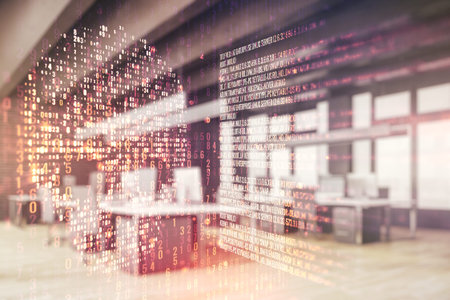 Abstract virtual creative code skull hologram on a modern furnished office interior background,...