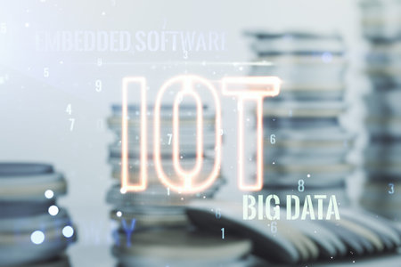 Abstract virtual IOT hologram on growing coins stacks background, internet of things concept.