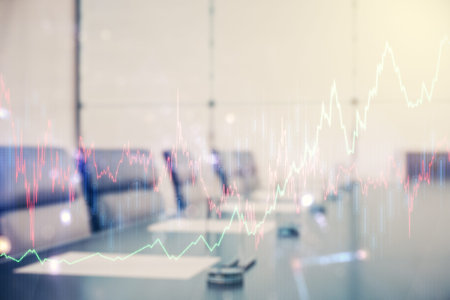 Multi exposure of virtual creative financial chart hologram on a modern meeting room background,...