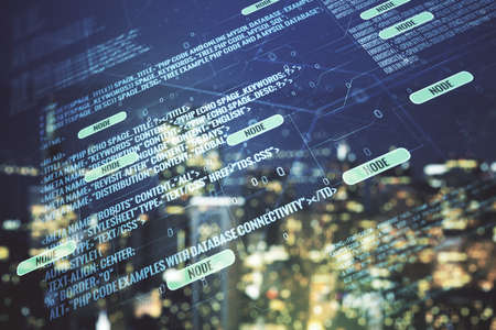 Abstract virtual coding illustration on blurry skyscrapers background, software development concept. Multi exposureの写真素材