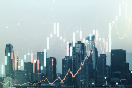 Multi exposure of virtual abstract financial graph interface on Los Angeles cityscape background,...