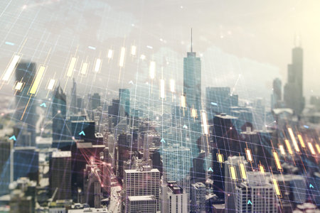 Double exposure of abstract creative financial diagram and world map on Chicago office buildings...