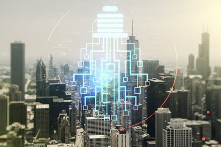 Virtual creative light bulb with chip hologram on Chicago office buildings background, artificial...
