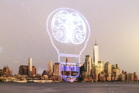 Abstract virtual light bulb illustration with human brain on New York cityscape background, future...