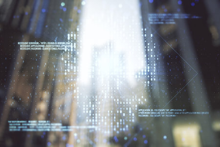 Abstract virtual code skull illustration on office buildings background. Hacking and phishing...