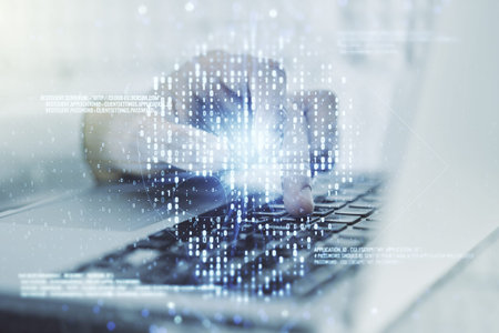 Creative concept of code skull illustration and hands typing on laptop on background. Hacking and...