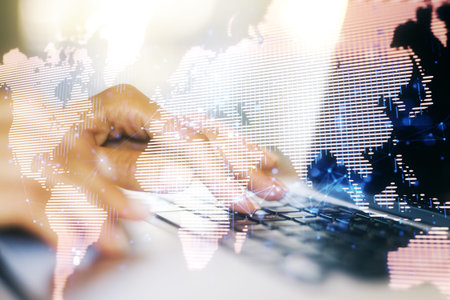 Multi exposure of abstract graphic world map and hands typing on computer keyboard on background,...