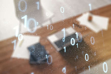 Creative abstract binary code sketch and modern desk with computer on background, hacking and matrix concept. Multi exposureの写真素材