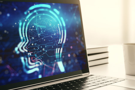 Creative artificial Intelligence concept with human head sketch on modern computer monitor. 3D...