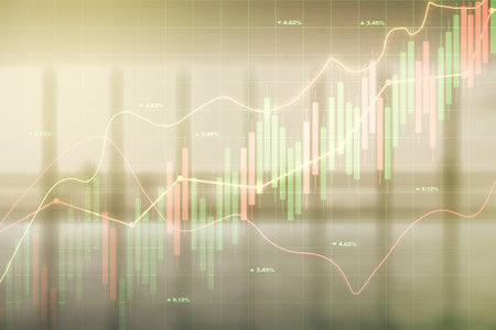 Abstract virtual financial graph hologram on modern interior background, financial and trading...