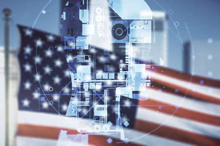 Double exposure of creative human head microcircuit hologram on US flag and skyline background. Future technology and AI conceptの写真素材