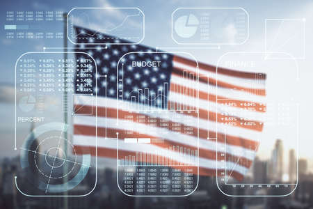 Multi exposure of creative statistics data hologram on USA flag and blurry skyscrapers background, stats and analytics conceptの写真素材