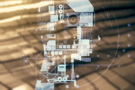 Double exposure of creative human head microcircuit hologram on shiny metal background. Future technology and AI conceptの写真素材