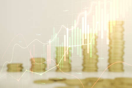 Multi exposure of virtual abstract financial diagram on growing coins stacks background, banking and accounting conceptの写真素材
