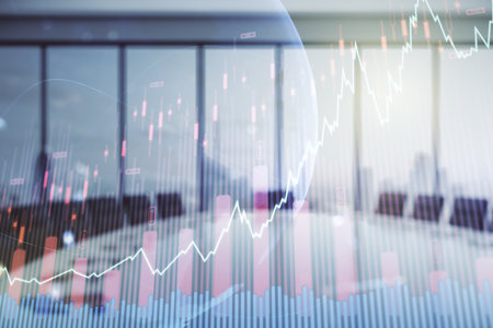 Multi exposure of virtual creative financial graph and world map on a modern conference room background, forex and investment conceptの写真素材