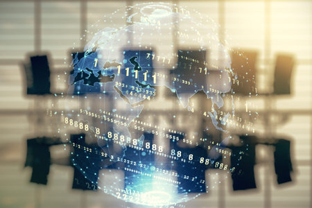 Double exposure of abstract programming language hologram and world map on a modern meeting room...