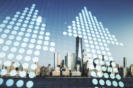 Abstract virtual upward arrows sketch on Manhattan cityscape background, target and goal concept. Multiexposureの写真素材