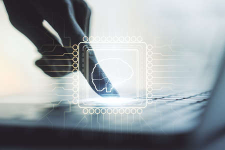 Double exposure of creative human brain microcircuit with hand typing on computer keyboard on background. Future technology and AI conceptの写真素材