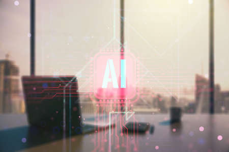 Creative artificial Intelligence symbol concept and modern desktop with pc on background. Double exposureの写真素材