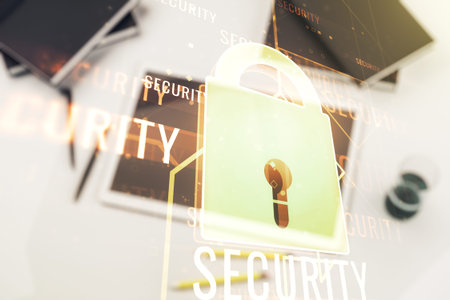 Creative lock sketch with chip hologram and modern digital tablet on background, protection of personal data concept. Multiexposureの写真素材