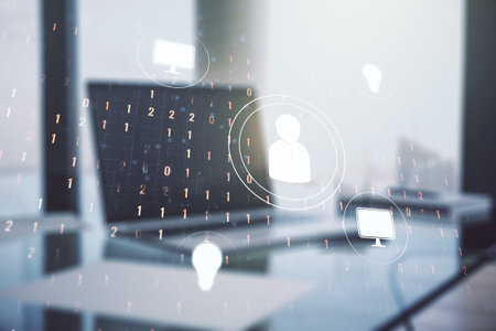 Double exposure of social network icons concept with modern laptop on background. Marketing and...