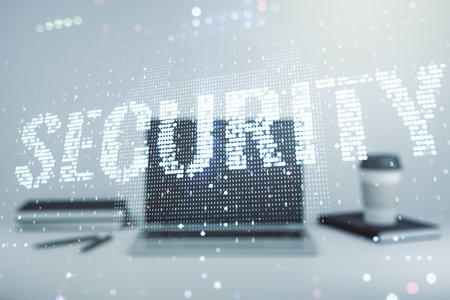 Cyber security creative concept on modern laptop background. Double exposureの写真素材