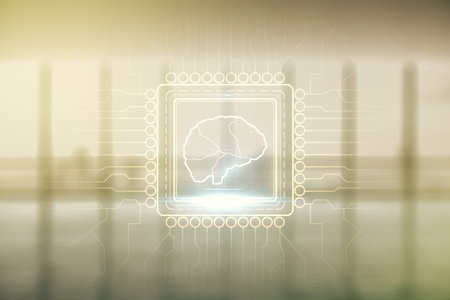 Double exposure of creative artificial Intelligence interface on empty modern office background....
