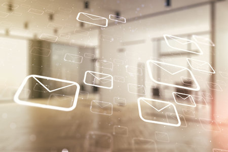 Abstract virtual postal envelopes sketch on a modern furnished office interior background, e-mail...